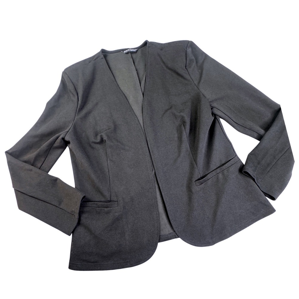 SHEIN Womens Black Open Front Collarless Blazer Shoulder Pads Size L corp core